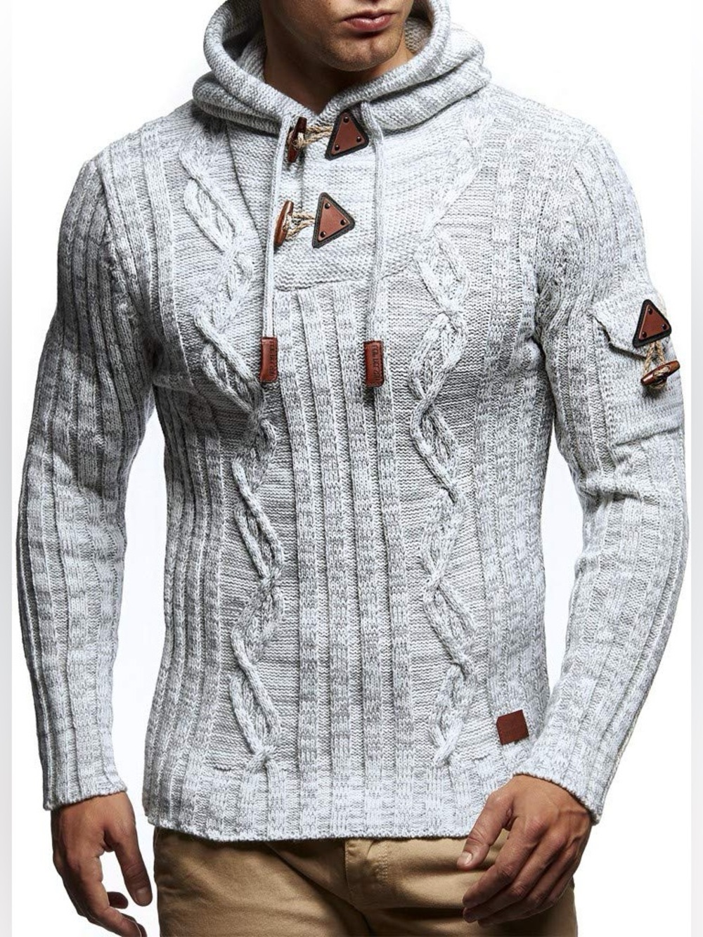 Leif Nelson Men's Chunky Cable Knit Hooded Sweater Toggles Gray Small